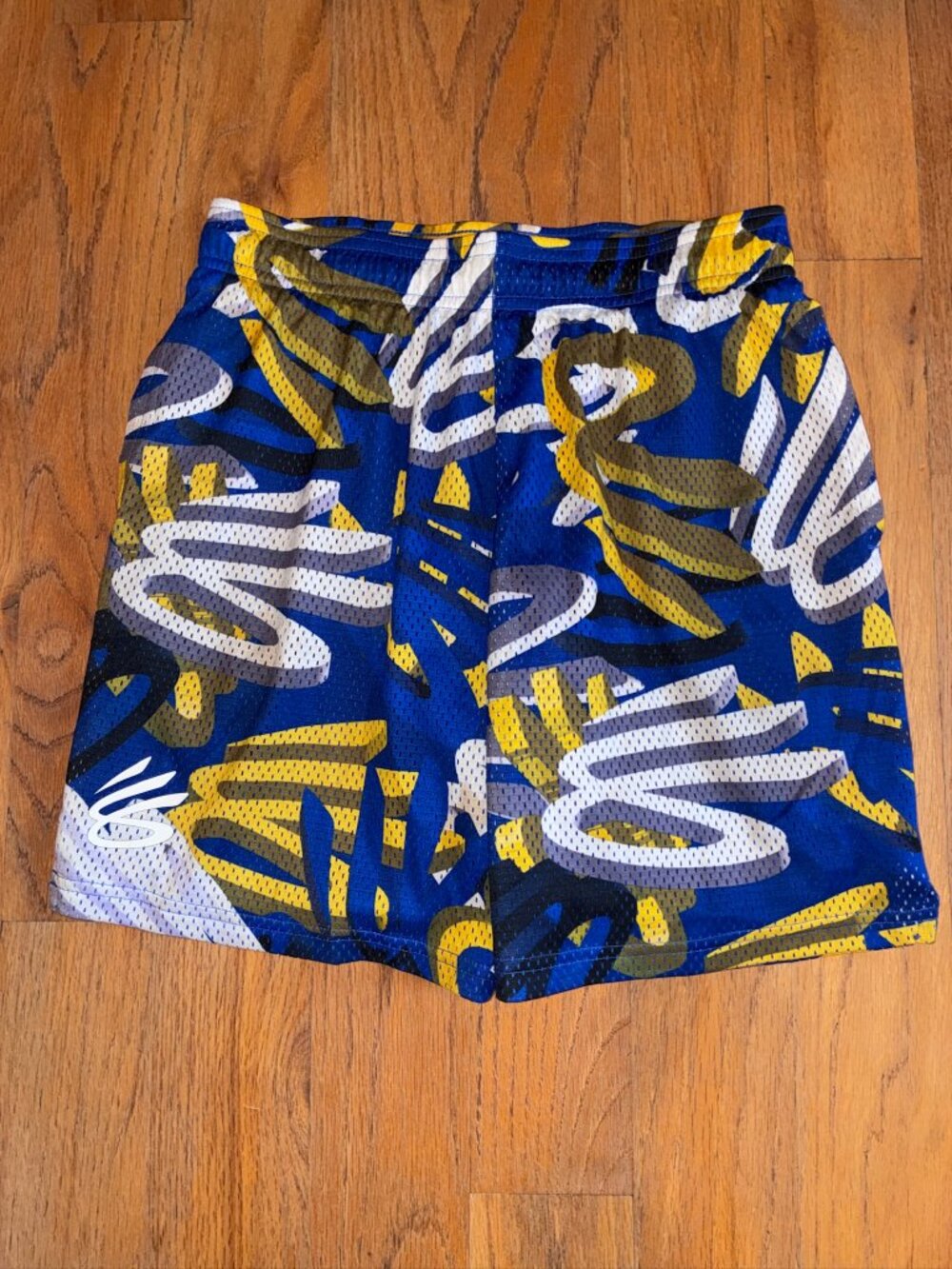 Under Armour Curry Youth Large Mesh Basketball Shorts Blue Yellow Logo Print